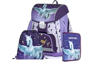 Maximustrade Einhorn Schulranzen Mädchen 1 Klasse Tornister Set 3 tlg. für Grundschule super leicht inkl. Federmäppchen und Sportbeutel