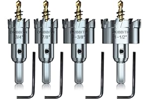 DKIBBITH 4-Piece TCT Hole Saw Kit, Tungsten Carbide Tipped Hole Cutter Set with Titanium-Plated Pilot Drill Bit for Hard Metal, Stainless Steel, Wood, Plastic