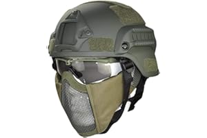 WLXW Mich 2000 Style ACH Casque Tactique avec Protéger L'Oreille Pliable Double Sangles Demi Visage Mesh Masque - Lunettes de Sécurité, pour Pistolet de Paintball Airsoft