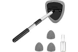 DINGFENG Brosse de Nettoyage de Pare-brise, 4 Tampons en Microfibre Réutilisables et lavables, Outil de Nettoyage de Pare-brise, Avec Kit D'essuie-glace Intérieur de Voiture à Poignée Extensible (Gris)