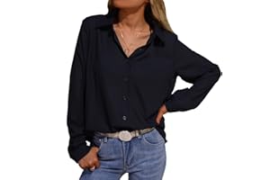 Zahala Battery Womens Button Down V Neck Shirts Chiffon Long Sleeved Loose Fit Blouse Summer Elegant Tops