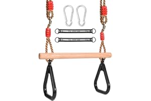 Morwealth Multifunktions Kinderholz Trapeze Schaukel mit Kunststoffringen Turnringe Ringe zum Aufhängen belastbar bis 120KG für Innen und Außenbereich (Schwarz)