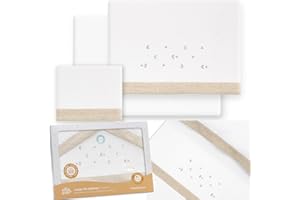 MIBEBESTORE Juego de Sábanas de Franela para Cuna 60x120 cm | 100% Algodón Suave y Cálido | Sábanas de Invierno para Bebé | Set 3 Piezas: Bajera Ajustable, Encimera y Funda de Almohada | Luna Blanco/Beige