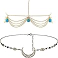YEPREM Amzuia 2 Pieces Hand Chain,Bohemian Head Chain Hollow-out Moon Pendant Crystal Headpiece Vintage Head Chain Jewelry Hair Accessories for Women and Girls