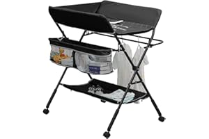 Pantanal Baby Folding Changing Table for Diaper Nappy with Storage on Wheels, Mobile Infant Nursing Changing Station Table Height Adjustable Newborn Care Massage with Storage Bag Height Rule (Black)