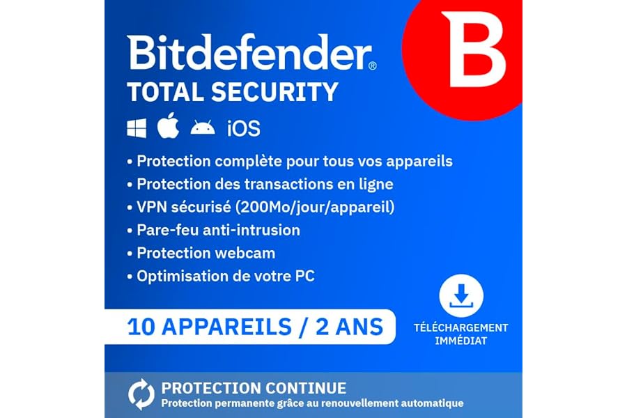 Bitdefender Total Security 2025 | 10 Appareils | 2 Ans | PC/Mac/iOS/Android | Code d’activation par email | Renouvellement Au