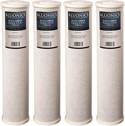 BLUONICS Big Blue Carbon Block Replacement Water Filters 4 Pcs (5 Micron) 4.5" X 20" Cartridges For Chlorine, Pesticides, Herbicides, Insecticides, Bad Taste And Odor