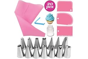 KOKSI 20-Piece Cake Decorating Kit with Silicone Pastry Bag, 14 Piping Tips, 1 Coupler, 3 Cake Scrapers