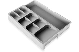Yiomxhi Organizer na sztućce, organizer do szuflad kuchennych, rozszerzalny plastikowy organizer do szuflady kuchennej na sztućce. Taca organizer szuflady (40 x 15 x 6,6 cala), szare pudełko na sztućce