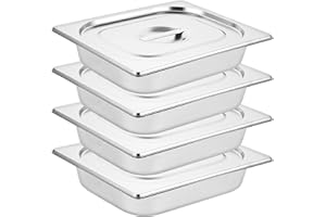 WOPPLXY Lot de 4 Plat Inox avec Couvercle, GN 1/2 Bac Inox avec Couvercle, 32,5 x 26,5 x 6,5 cm Bac Alimentaire Inox pour des Fours à Convection, des Chafing Dishes, des Réfrigérateurs