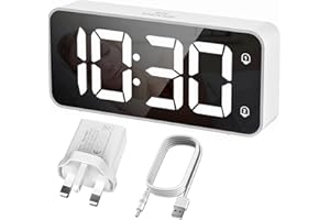 HERMIC Alarm Clock Bedside Clock Large Digital Led Display, Full-Range Brightness Dimmer, Adjustable Alarm Volume, Snooze, Dual Alarm, 12/24H, Easy to Use Mains Powered White