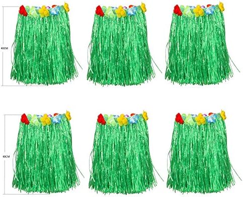 Eshowy Kid's Flowered Green Luau Hula Skirts, Pack of 6
