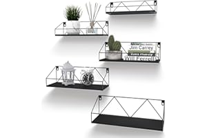 EYMPEU Black Wooden Shelves for Wall Set of 5, Metal Floating Shelf for Bathrooms, Bedrooms, Kitchen, Living Room, Office, Laundry Room