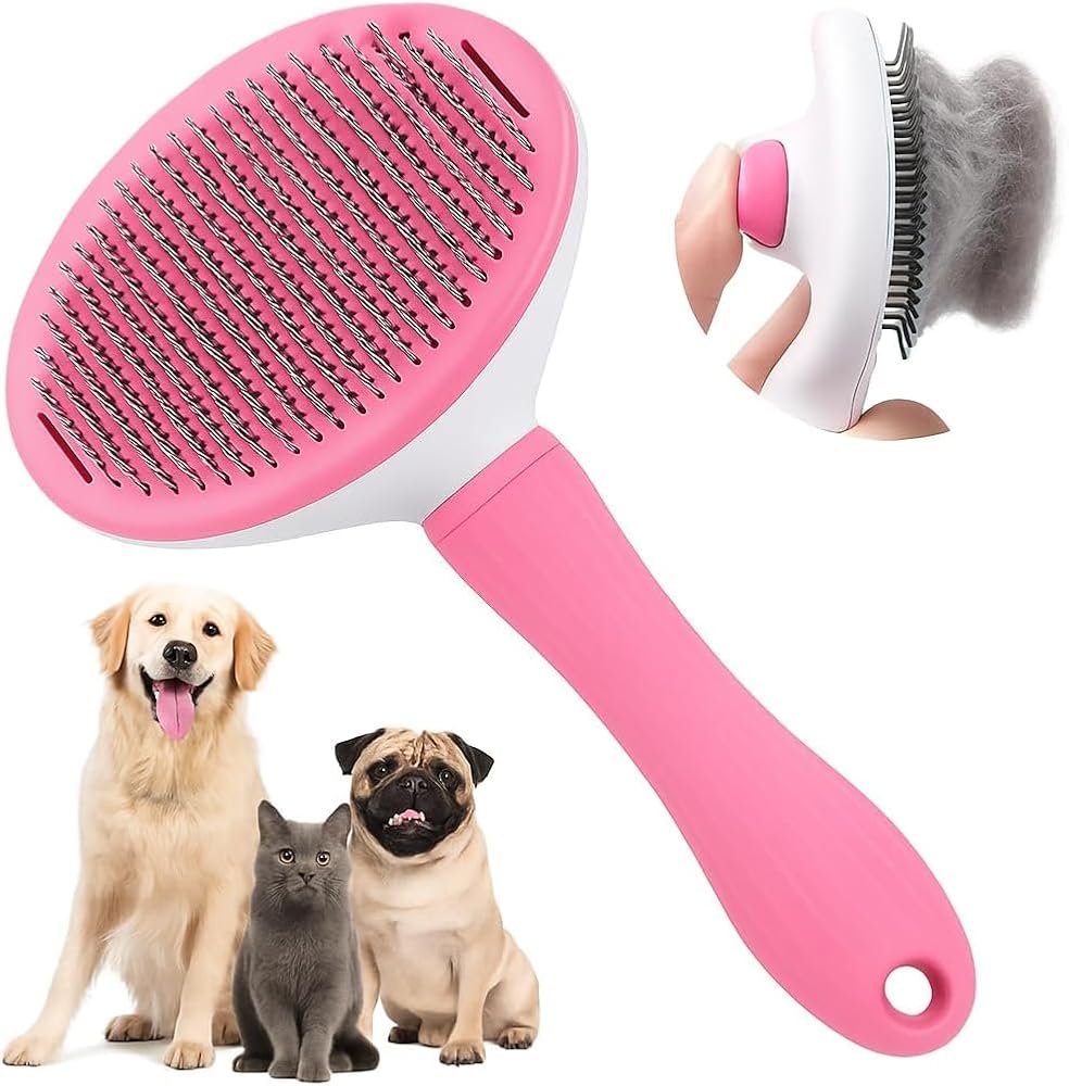 SENA TİCARET Kedi Köpek Tarağı - Otomatik Temizlenen Tüy Toplama Fırçası - Basmalı Mekanizma - İnce Uçlu Metal İğne - Ergonomik Kaymaz Sap - Uzun Kısa Tüylü Evcil Hayvan Bakım Tarağı - Pembe