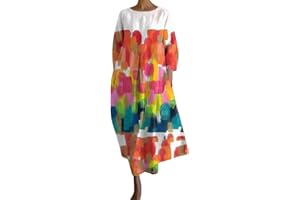 HOOUDO Women's Summer Cotton Linen Dresses Plus Size Long Sleeve Printed Long Maxi Dresses Loose Oversized Casual Tunic Shirt Dress Ladies Round Neck Beach Sundress with Pockets