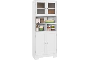 HOMCOM Alacena de Cocina Mueble Auxiliar de Cocina Aparador Alto con 2 Puertas de Vidrio Estantes Ajustables y Compartimentos Abiertos 60x30x145,5 cm Blanco