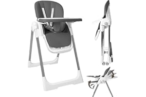 KIDSGIGGLZ Chaise haute bébé pliante 4en1, 4 Positions d'Inclinaison, Hauteur réglable, Chaise haute enfant avec plateau amovible et roulettes, évolutive avec ceinture à 5 points, Gris