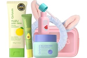 Quiyum Fruit Skincare Set, 6PCS Travel Face Care Kit with AHA, Niacinamide, Ceramide & Hyaluronic Acid, Birthday Christmas Pamper Gifts for Her Friend Sister Mum Wife Women Teenage Girls