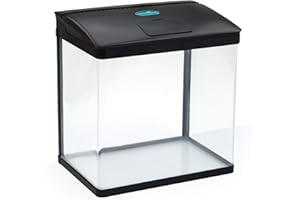 AllPondSolutions Nano Fish Tank with Filter and Light - Rectangular Aquarium Tank with LED Light, Tray Filter System, Curved Glass Front, 90° Tilting Hood - Cold Water Tropical Fish Tank - 29L, Black