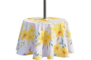 3E Home Outdoor Tablecloth with Parasol Hole Waterproof Patio Garden Round Tablecloth, 60 inches Table Cover with Umbrella Hole and Zipper– Protect Your Table from Rain and Sun (Primrose)