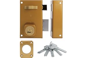 Amig - Cerradura de Sobreponer de Derecha con Palanca de Cierre - Lengüeta y Tirador para Puertas de Madera - Mod. 75, 67 x 112 mm - Cilindro Redondo de Seguridad - Acero - Dorado