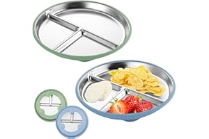 FloralGrace 2 Piezas de Platos de Acero Inoxidable para bebé con Ventosa, 23CM Platos divididos para niños con Cubierta de Silicona removible, Antideslizante e irrompible (Azul Verde)