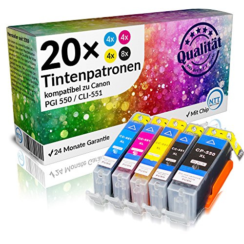 N.T.T.® - 20 x Stück XL Tintenpatronen / Druckerpatronen kompatibel zu PGI-550PGBK CLI-551BK CLI-551C CLI-551M CLI-551Y XL - Canon Pixma IP 7250 IP 8750 IX 6850 MG 5450 MG 5550 MG 6350 MG 6450 MG 7150 MX 725 MX 925