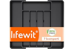 Lifewit Portaposate da Cassetto, Profondità 34,8 cm, Porta Posate Espandibile Fino a 40,9 cm, Porta Posate Cucina Regolabile in Resistente Plastica per Cucchiai, Forchette e Coltelli, Grande, Nero