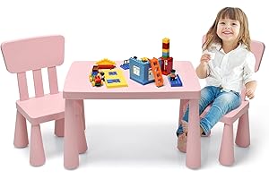 COSTWAY Table Enfant avec Chaises & Dossier Ergonomique, Table et 2 Chaises Enfant en PP avec Coins Arrondis, Hauteur Scientifique pour Manger Dessiner Écrire, Charge 50kg pour 1-7 Ans(Rose)