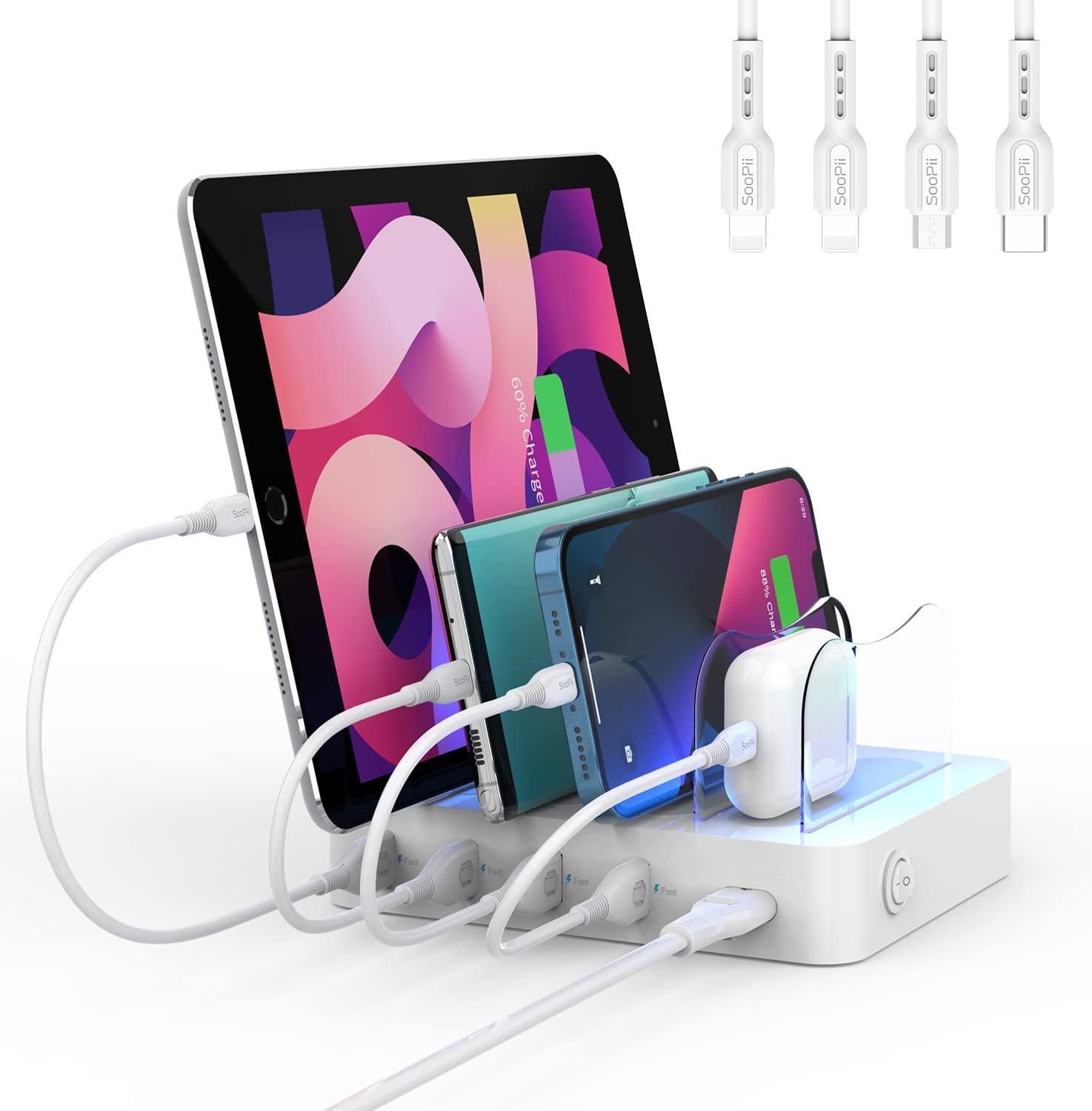 SooPii 4 Port USB Charging Station Organizer for Multiple Devices, Fast Charging Dock with 4 Cables for Smartphones, i-Phones, Tablets and Other Electronics Devices, White