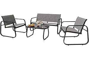 UDPATIO Garden Furniture Set, Indoor Outdoor Sofa Set, 4 Piece Patio Conversation Set with Loveseat, Lounge Chair and Tempered Glass Table for Balcony Backyard Poolside (Grey)