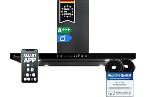 KKT KOLBE A+++ Dunstabzugshaube 90 cm 680 cbm/h Inselhaube Abluft Umluft Schwarz Glas Smart WiFi WLAN App Nachlaufautomatik SensorTouch inkl. Kohlefilter FLAT-INSEL-6S