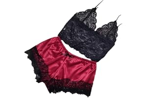 AnnSemo Lingerie Set for Women See Through Sheer Lace Bra Strappy Hollow out Nightwear Floral Embroidered Bralette Silk Panty Stain Shorts Eyelash Lacy Knickers Underwear outfits Set