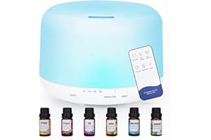 TENEVEAMO 500ML Difusor de Aceites Esenciales, Humidificador Ultrasónico Sin BPA con Control Remoto y 6 * 10ml Aceites Esenciales - Apagado Automático Sin Agua,Blanco