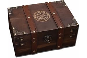 vuagmiv Cofre de madera y cuero, la brújula rúnica vikinga Caja de madera grabada con forro de terciopelo, Vegvisir Wiccan Suministros y herramientas Caja de almacenamiento y caja de recuerdos