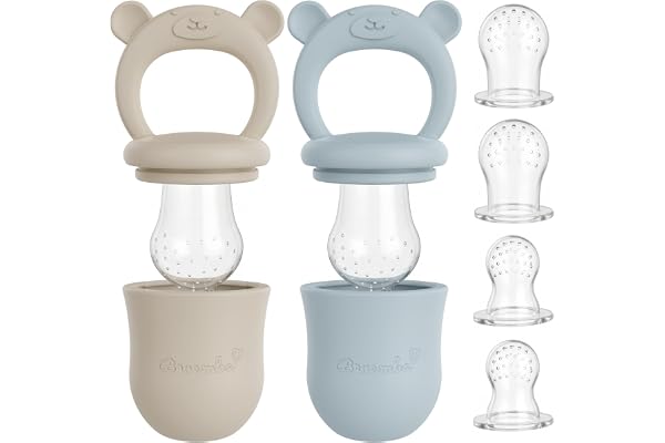 Broemba Baby Fruktnapp 2-pack Silikon Bitring BPA-fri Beige/Blå | Matnapp med bitring för frukt, grönsaker och barnmat. 2 st Beige/Blå. Från 6 månader. Tål diskmaskin.