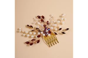 Kercisbeauty Dark Red Burgundy Crystal Hair Piece for Brides Wedding Birdal Gold Hair Comb Handmade Hair Jewelry (Wine)