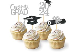MOITKPTT 24 Stück Glitzer 2024 Graduation Cupcake Toppers, Abschlussfeier Cupcake toppers, Bachelor Hut Deko, Abschluss Deko für Graduation Abschlussparty Dekoration (schwarz & silber)