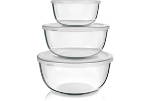 Arendo - Salladsskål av glas med lock, glasskål, set om 3, 1 100 ml + 2 700 ml + 4 400 ml – blandningsskålar små till stora