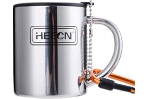 ‎HEECN HEECN® Camping Becher Mit Deckel und Karabiner - Edelstahl Tasse - Thermo - Kaffeebecher - Doppelwandige Isolierbecher BPA-frei HESS-038BBK 200ml Mit Versiegeltem Deckel