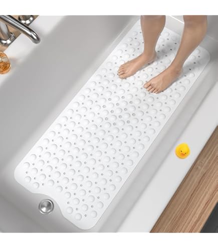 Homaxy Badmat, antislip, extra lang, 100% BPA-vrij, sneldrogend, machinewasbaar, badmat, badkuip, 100 x 40 cm, wit