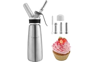 Yakimz Sahnespender Aluminium/Edelstahl Sahnesyphon, 0,5 L Mit 3 Edelstahl Deko-Düsen und Reinigungbürste für die Zubereitung von Schlagsahne, Creme, Mousse (1x Edelstahl Sahnespender, Edelstahl)