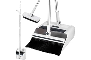 BOBASH 3 en 1 Kit Balai et Pelle à Poussière, Ensemble Balai et Pelle avec Balayette et Peigne à Dents, Balai et Pelle à Poussière à Manche Long de 124 cm, Verticale Rotatif à 180 ° pour Maison Bureau