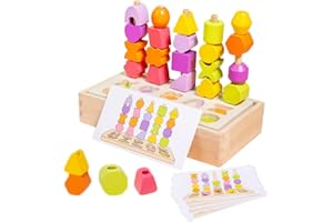 WRQIOO Dementia Activities for Adults, 2-in-1 Montessori Threading Toys, Wooden Lacing Beads and Stacking Blocks, Wooden Beads Sequencing Toy Set, Contains 20 Building Blocks and 8 Cards