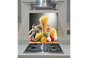 Panneau de cuisine, en verre trempé, pour pâtes, spaghetti, légumes, épices sur fond gris, VA Art Glass (largeur 80 x hauteur 70 /cm)