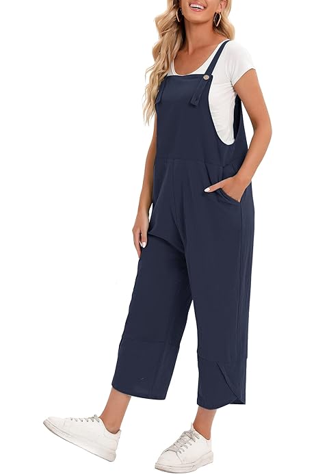 Salopette Donna In Cotone E Lino | Taglie Forti | Gamba Larga | Estivo Casual Con Bretelle - Foto 7