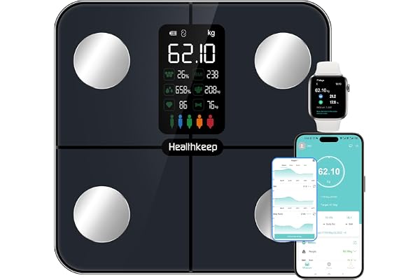 Healthkeep Balance Pèse Personne Balance Connectée Impédancemètre avec Affichage VA 15 Données Corporelles et Fréquence Cardiaque pour APP Andriod et iOS Max. 180kg/400lb, Bleu