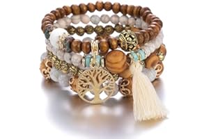 LICHUANUK Boho Lot de 4 bracelets en perles de bois pour femme, Motif arbre de vie, Cristal Perle, bracelet fait à la main chaîne de main pour femmes et fille
