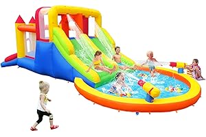BALLSEA Baralir Grande castello gonfiabile per bambini, con scivolo bagnato e asciutto, parco giochi avventura per il giardino, può contenere fino a 5 bambini/200 kg (senza ventola), 6,28 L x 2,93 W x 1,95 H
