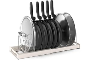 Anhow Porta Coperchi Pentole Salvaspazio, Organizer per Padelle con 7 Regolabili di Acciaio Inossidabile Porta Padelle Salvaspazio per Utensili da Cucina - Beige